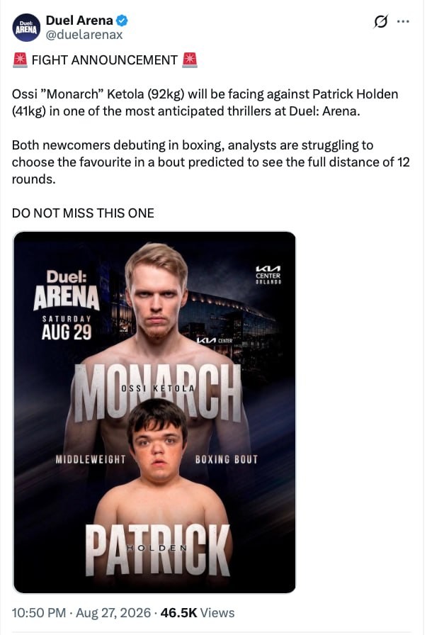 Duel Arena's X post announcing Ossi Ketola against Patrick Holden, listing the two fighters at 92kg and 41kg and calling it a middleweight boxing bout