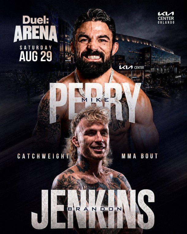 Official Duel: Arena 1 promo banner — Mike Perry vs Brandon Jenkins, catchweight MMA bout, Saturday August 29, Kia Center Orlando