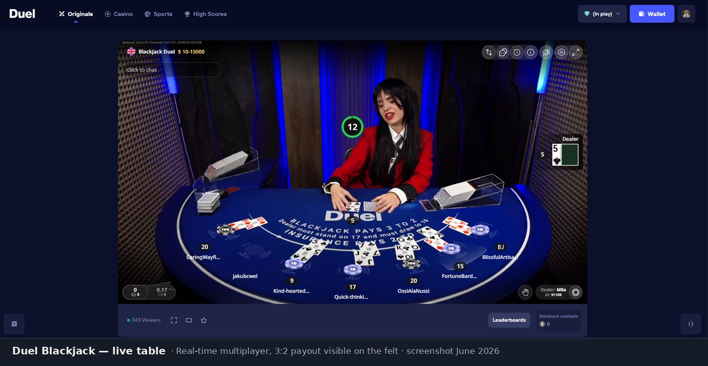 Duel Blackjack live table showing multiple players, bets, and the 3:2 payout printed on the felt