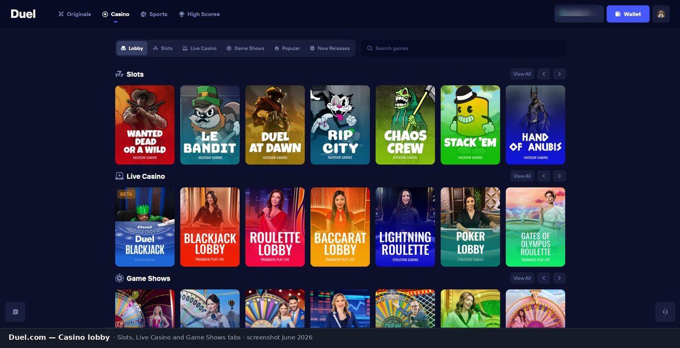 Duel.com casino lobby with Slots and Live Casino sections visible