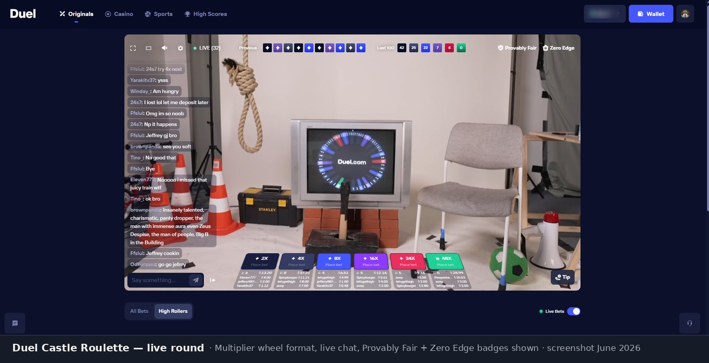 Duel Castle Roulette live stream showing the multiplier wheel, live chat, and betting tiers from 2x to 48x
