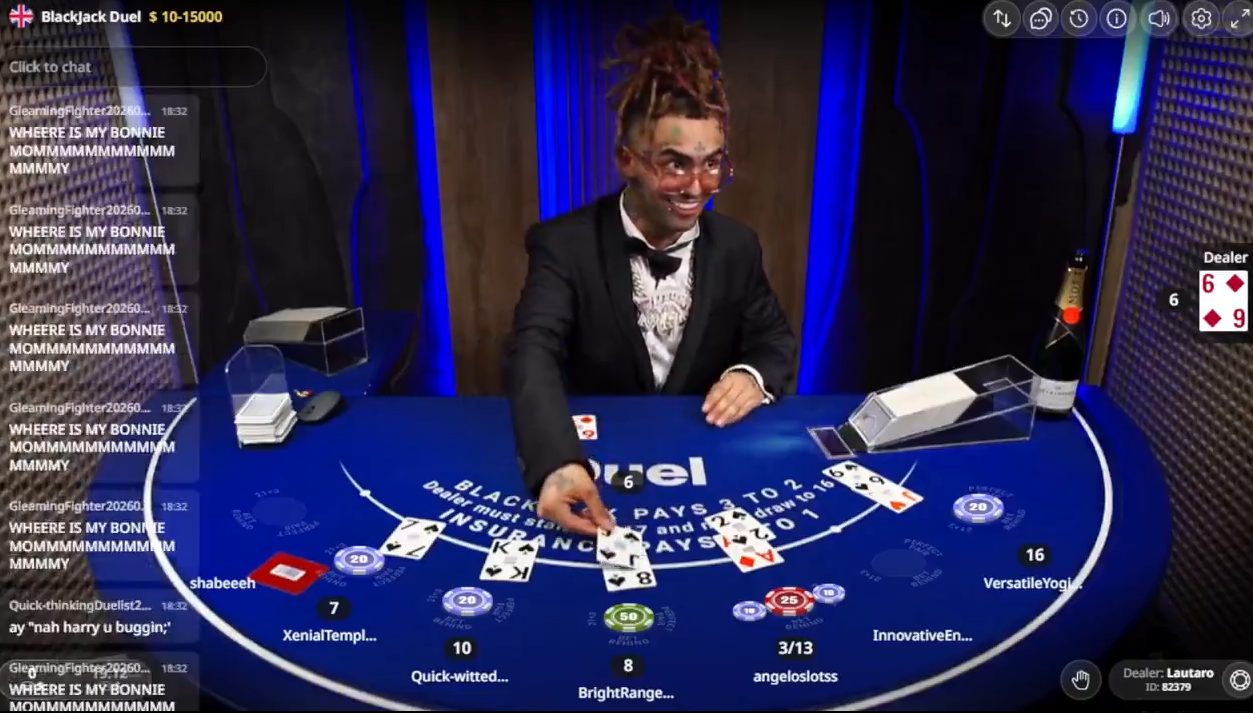 Lil Pump dealing blackjack at Duel Casino with six active player spots and real bets on the table