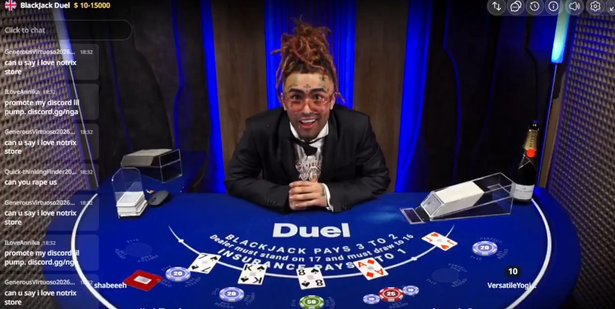 Lil Pump as live blackjack dealer at Duel Casino, smiling at the table in a tuxedo