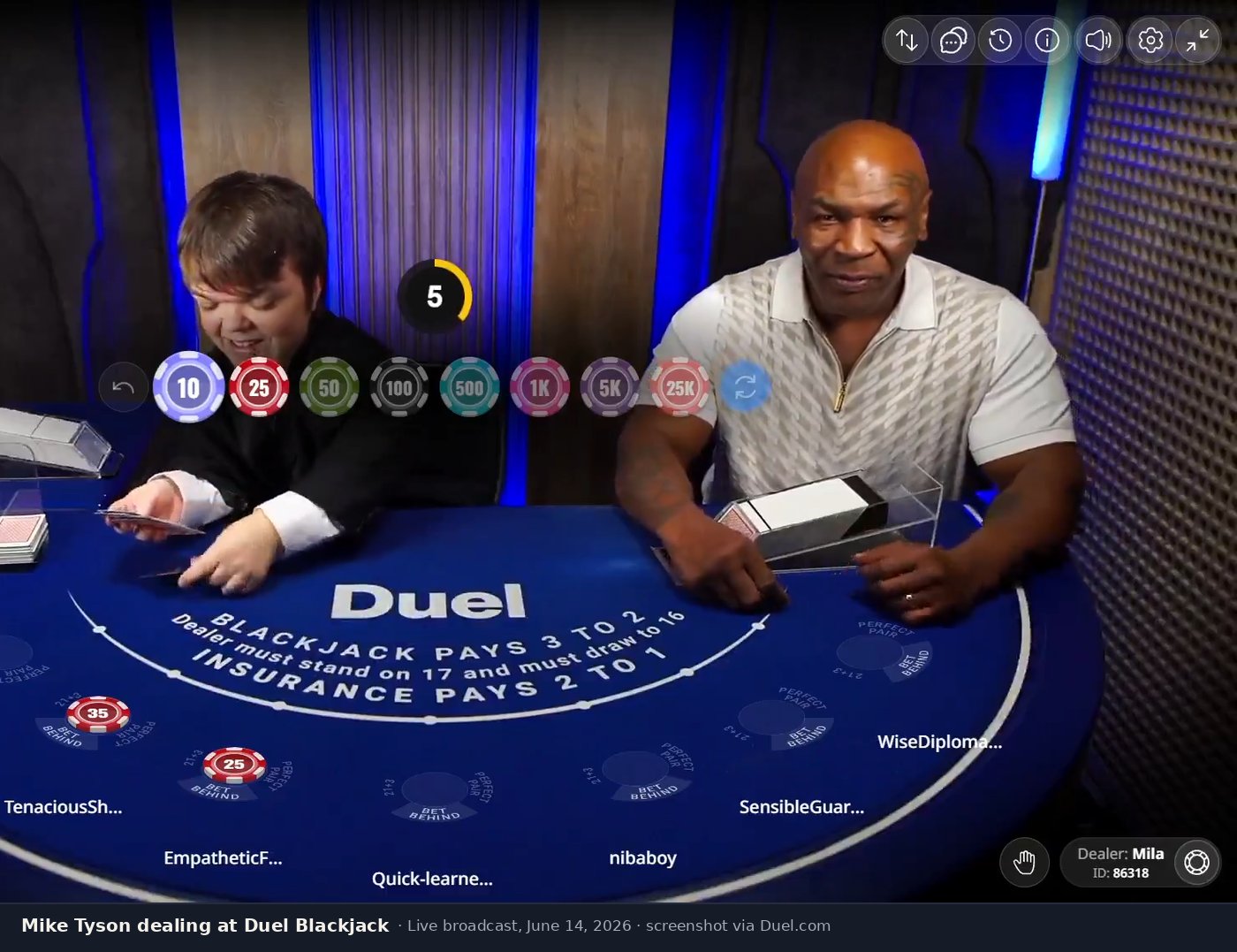 Mike Tyson dealing cards at the Duel Blackjack live table during his June 2026 guest appearance